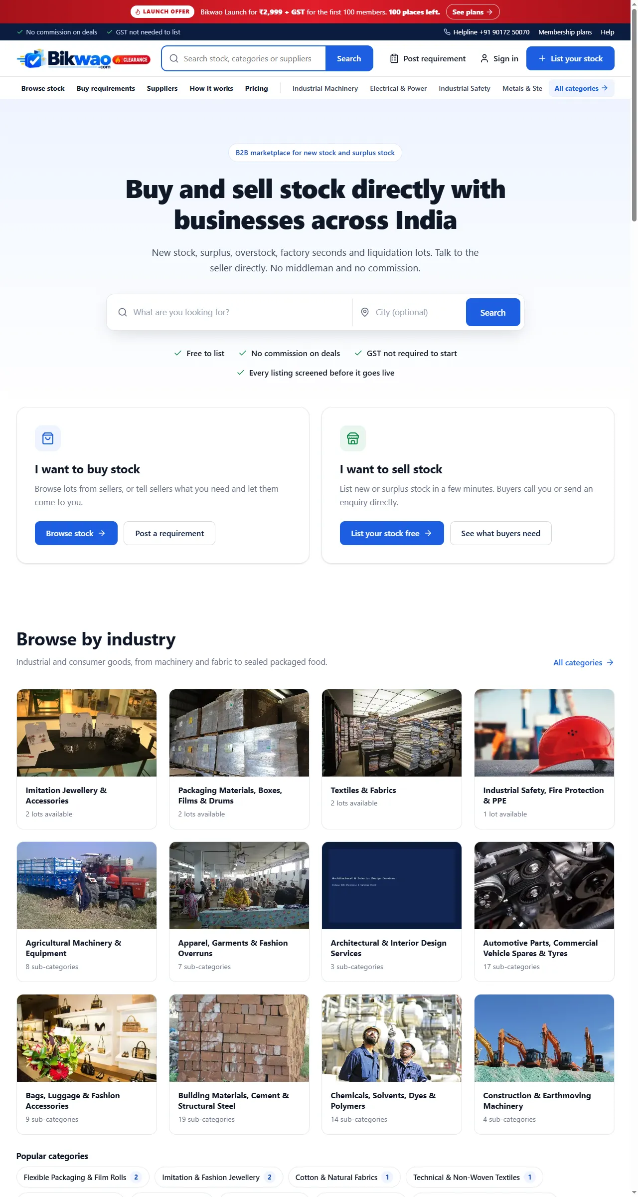 Full homepage screenshot of Bikwao: B2B Surplus & Stock Marketplace
