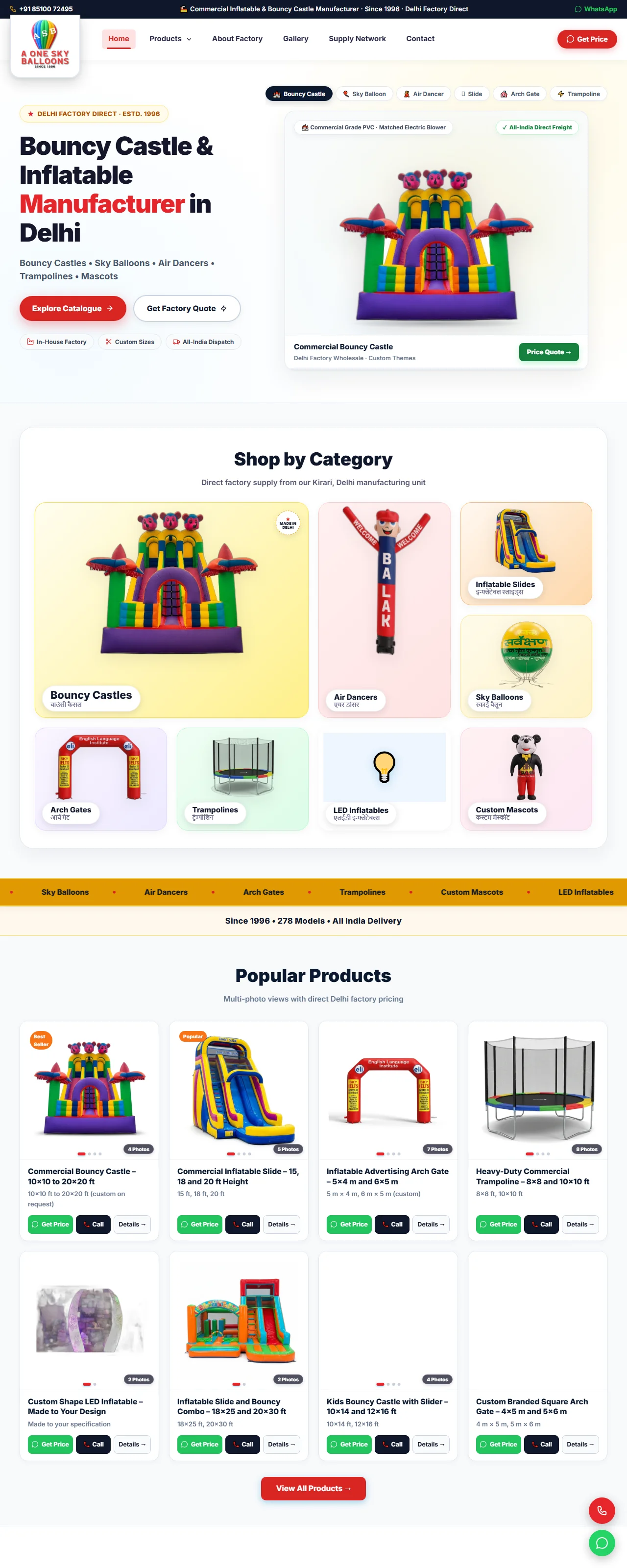 Full homepage screenshot of A One Sky Balloons - Bouncy Manufacturer