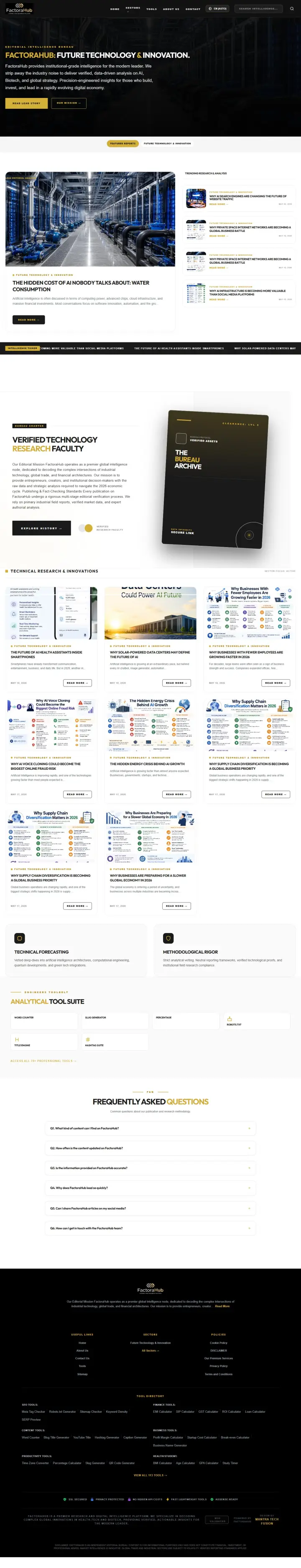Full homepage screenshot of FactoraHub