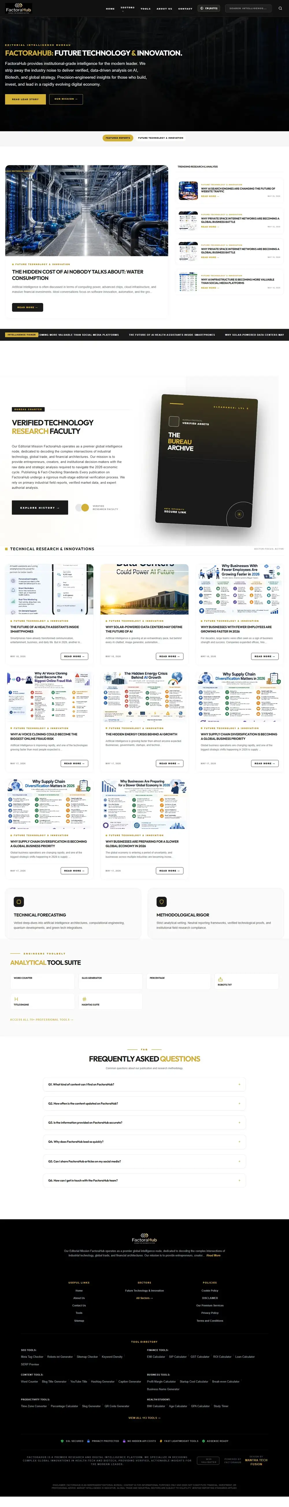 Full homepage screenshot of FactoraHub