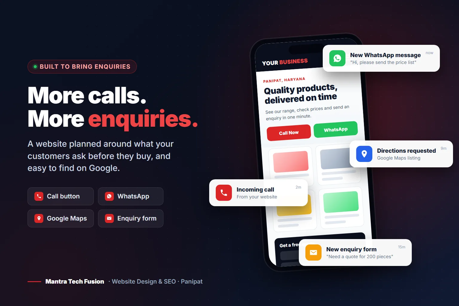 Website with call, WhatsApp, Google Maps and enquiry form bringing customer enquiries - Mantra Tech Fusion Panipat